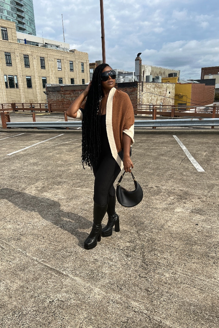 Cuff It Tri Color Drape Color Block Cardigan Sweater - Chocolate Cream and Charcoal Grey Blend