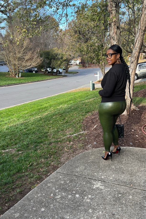 RESTOCKED Vegan Faux leather leggings- Army Green