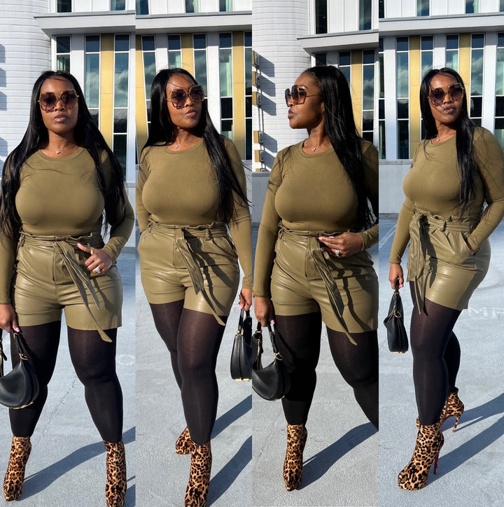 2 pc Top and Faux Leather Vegan Short Set Pea Green