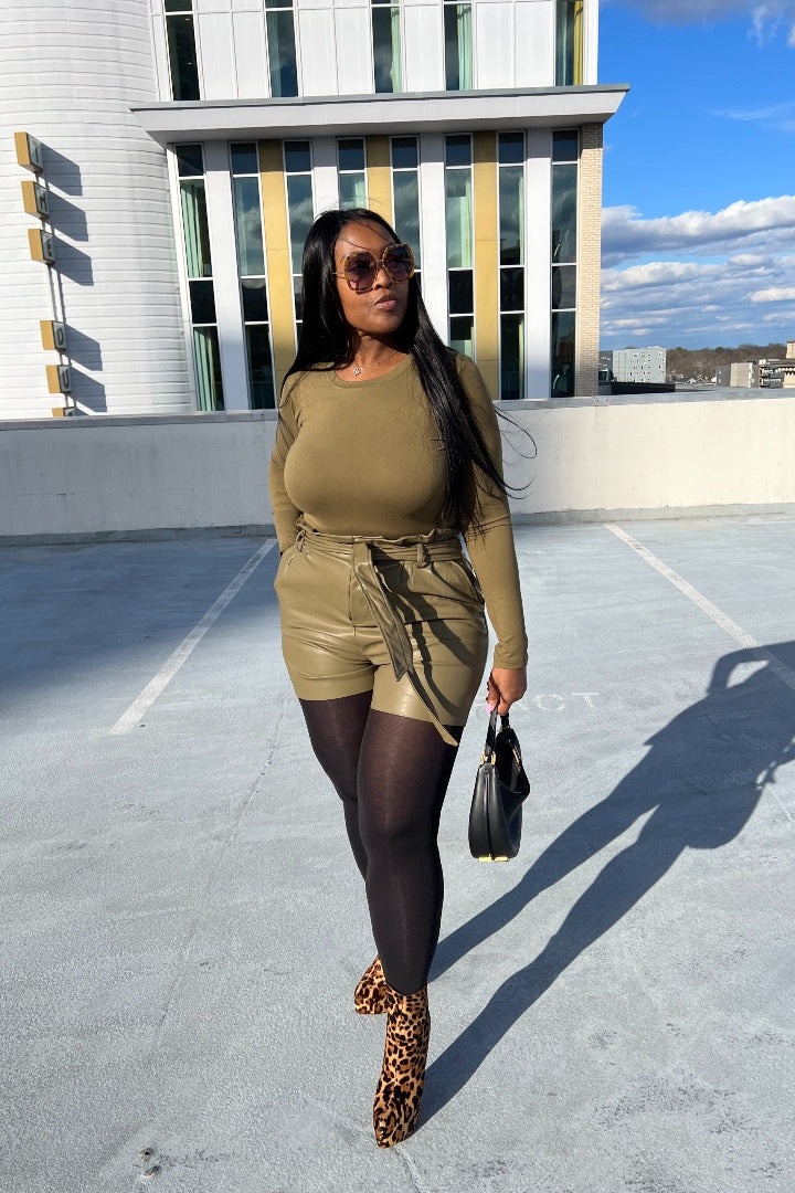 2 pc Top and Faux Leather Vegan Short Set Pea Green