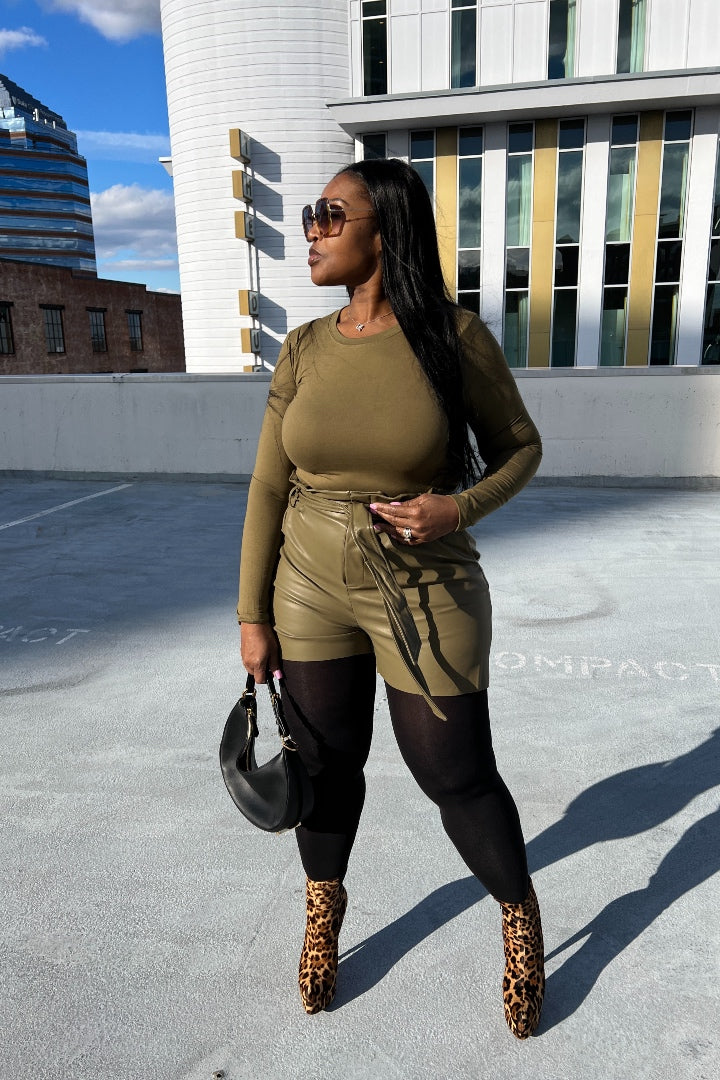 2 pc Top and Faux Leather Vegan Short Set Pea Green