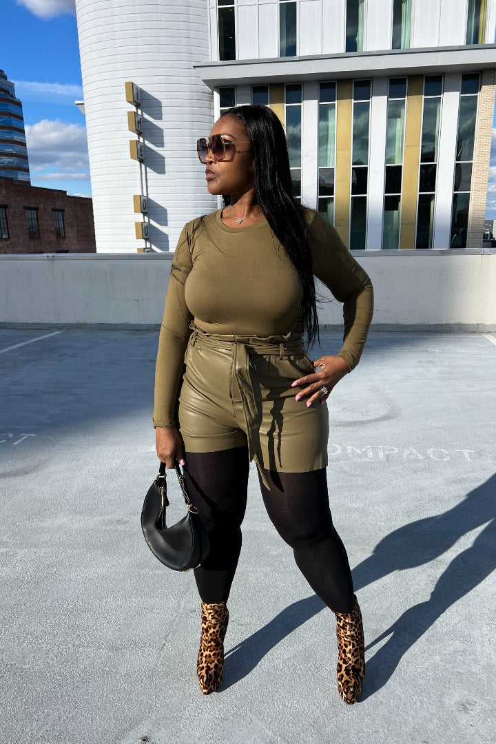 2 pc Top and Faux Leather Vegan Short Set Pea Green