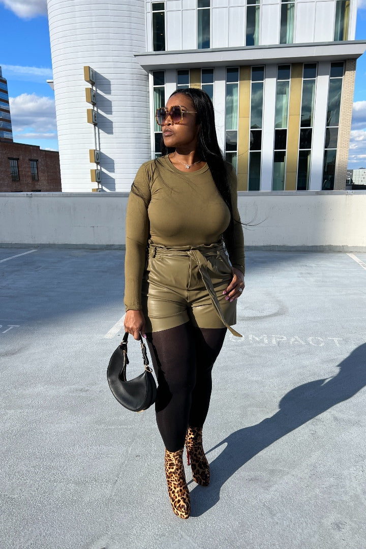 2 pc Top and Faux Leather Vegan Short Set Pea Green