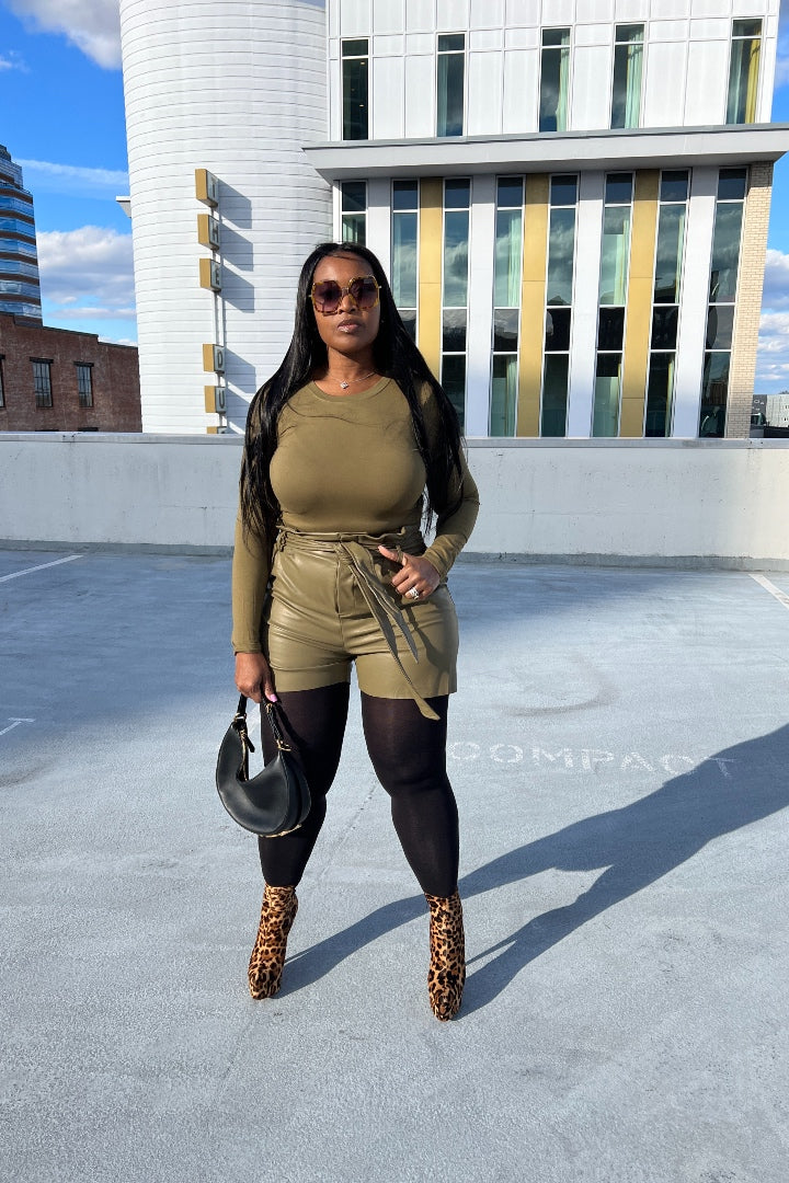 2 pc Top and Faux Leather Vegan Short Set Pea Green