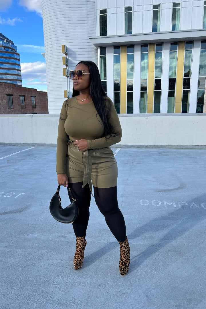 2 pc Top and Faux Leather Vegan Short Set Pea Green