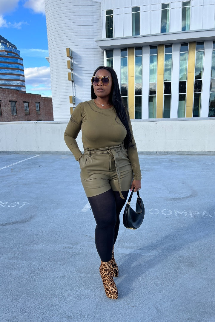 2 pc Top and Faux Leather Vegan Short Set Pea Green