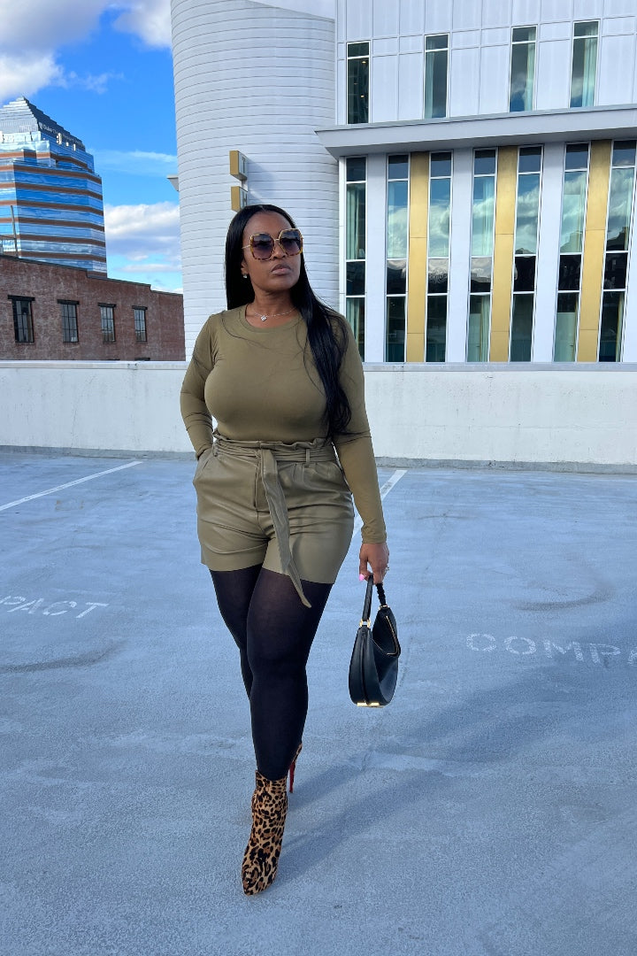 2 pc Top and Faux Leather Vegan Short Set Pea Green