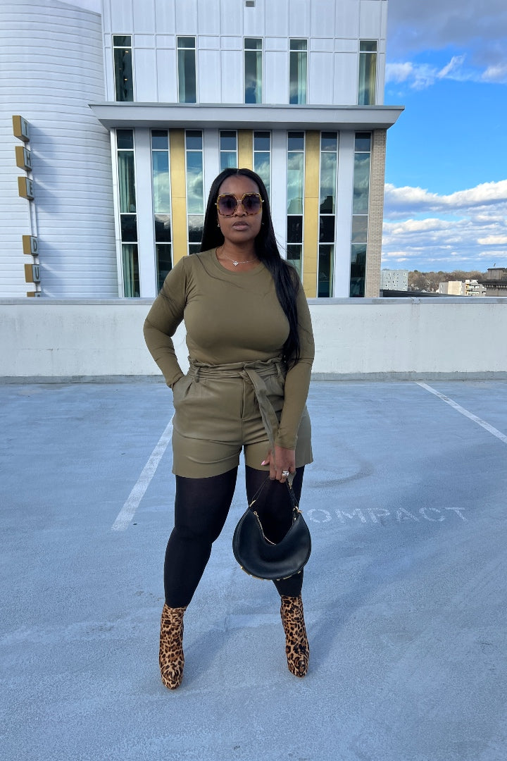 2 pc Top and Faux Leather Vegan Short Set Pea Green