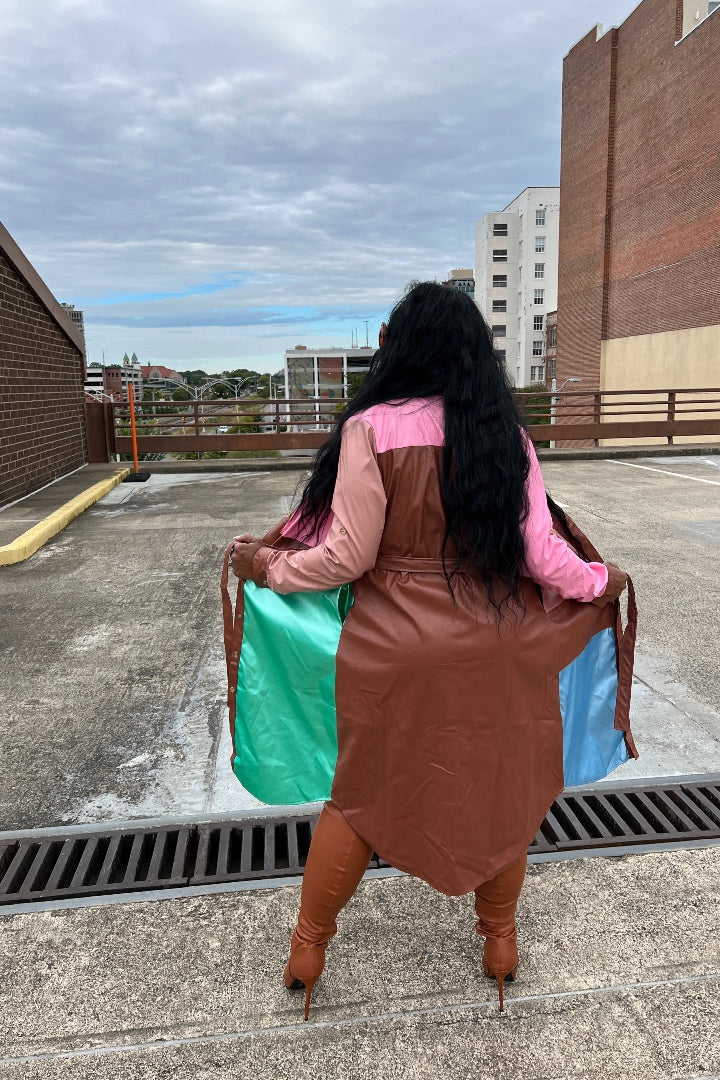 Tri color Faux Leather Trench Coat with Belt