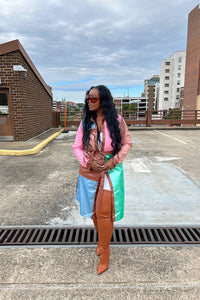 Tri color Faux Leather Trench Coat with Belt