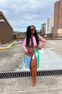 Tri color Faux Leather Trench Coat with Belt