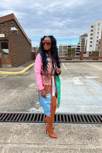 Tri color Faux Leather Trench Coat with Belt