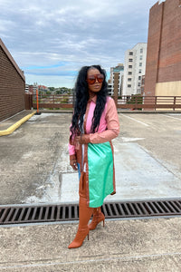 Tri color Faux Leather Trench Coat with Belt