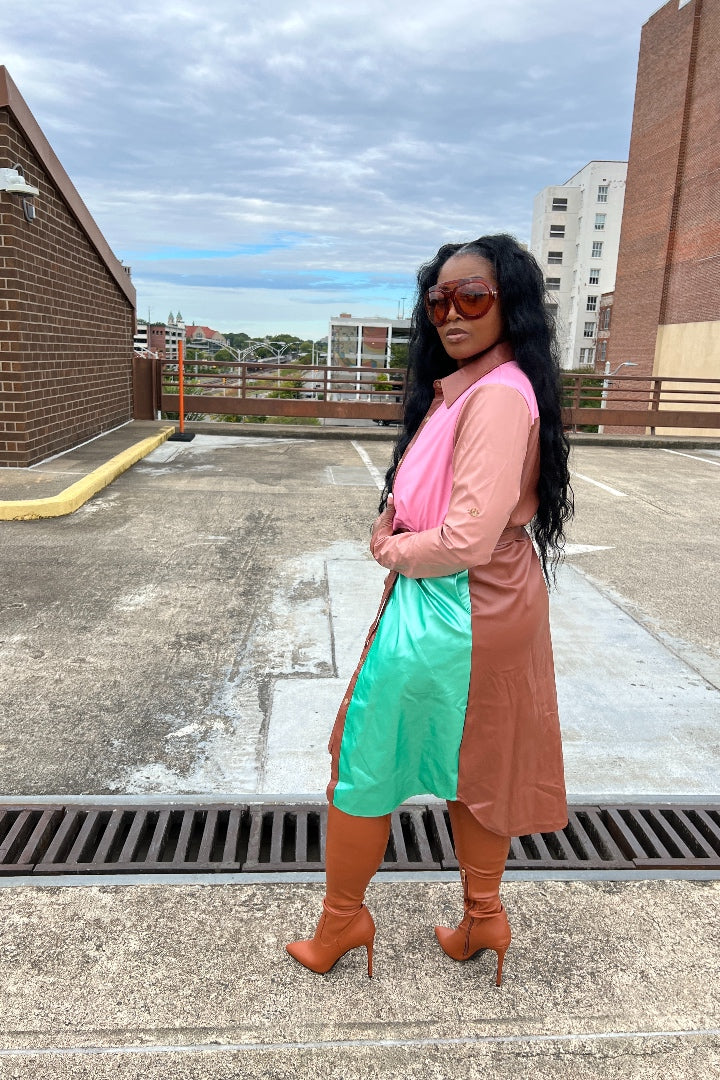 Tri color Faux Leather Trench Coat with Belt