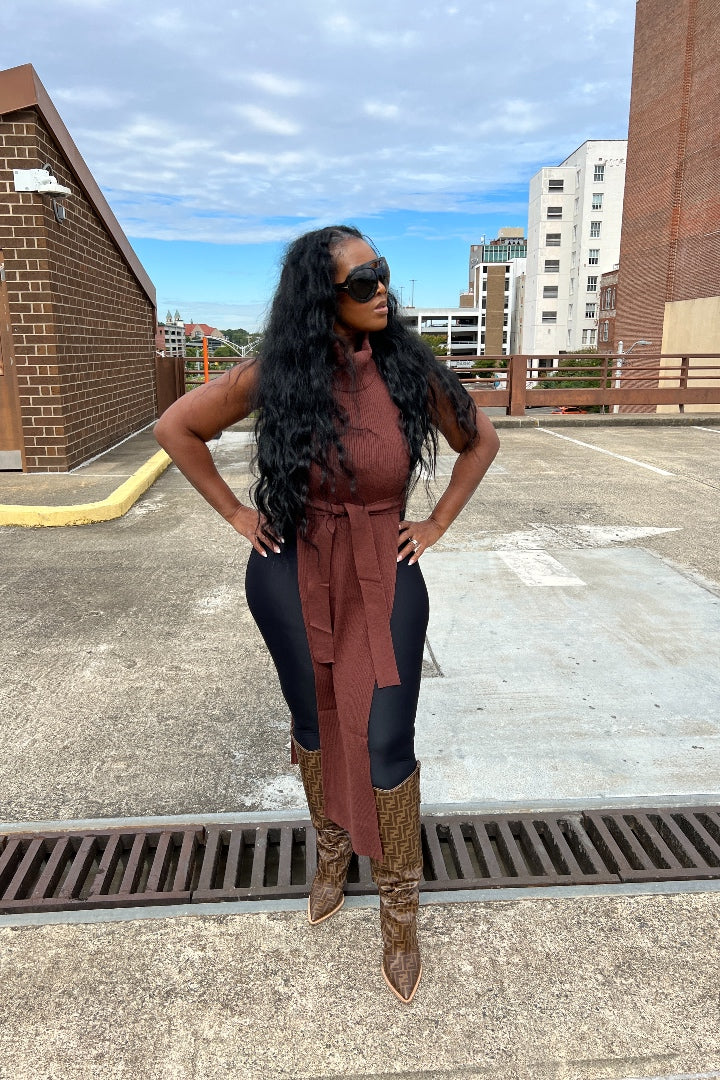 Cowl Neck Split Sweater - Chocolate