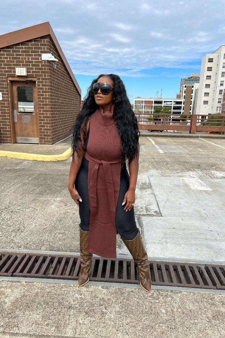 Cowl Neck Split Sweater - Chocolate