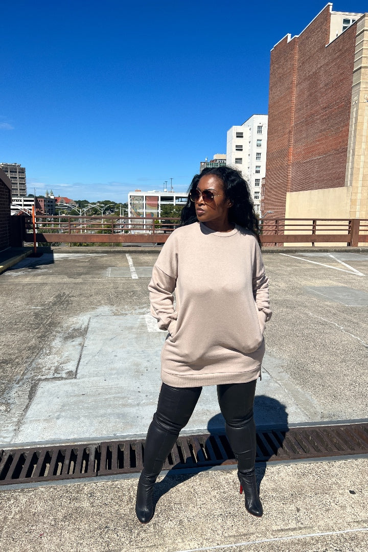 Sweatshirt Mini Dress with Pockets - Nude