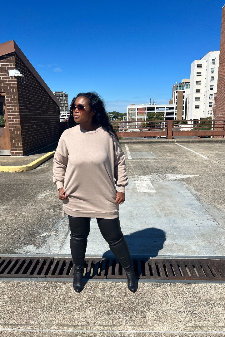 Sweatshirt Mini Dress with Pockets - Nude