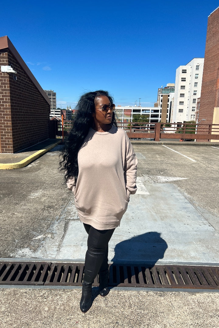 Sweatshirt Mini Dress with Pockets - Nude
