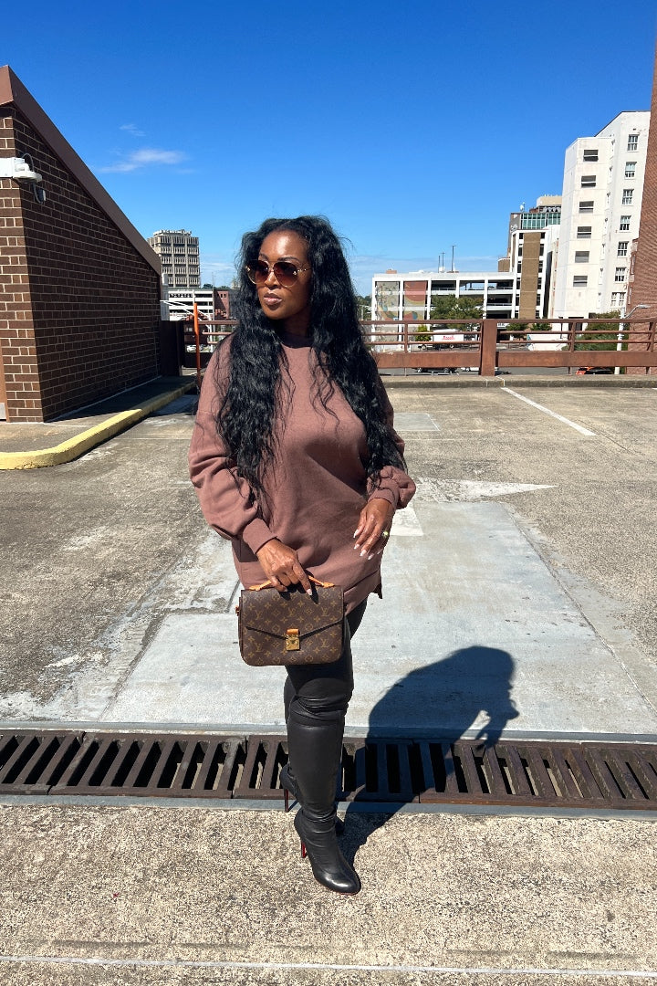 RESTOCKED Sweatshirt Mini Dress with Pockets - Cocoa Brown