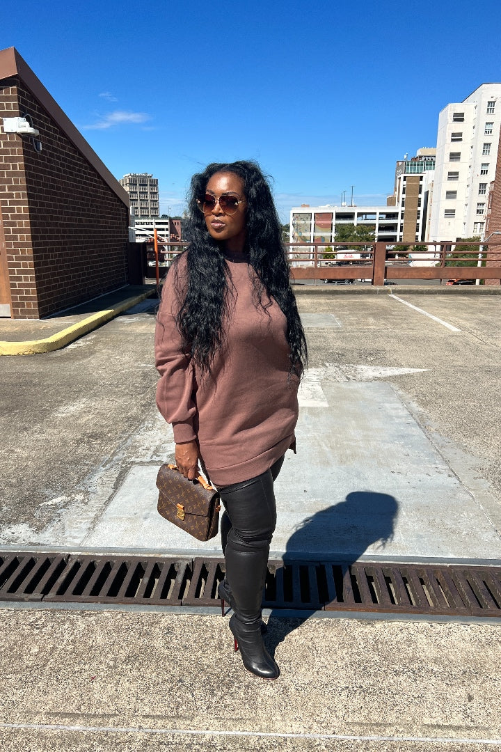 RESTOCKED Sweatshirt Mini Dress with Pockets - Cocoa Brown