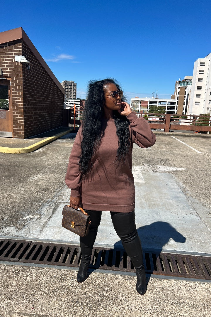 RESTOCKED Sweatshirt Mini Dress with Pockets - Cocoa Brown