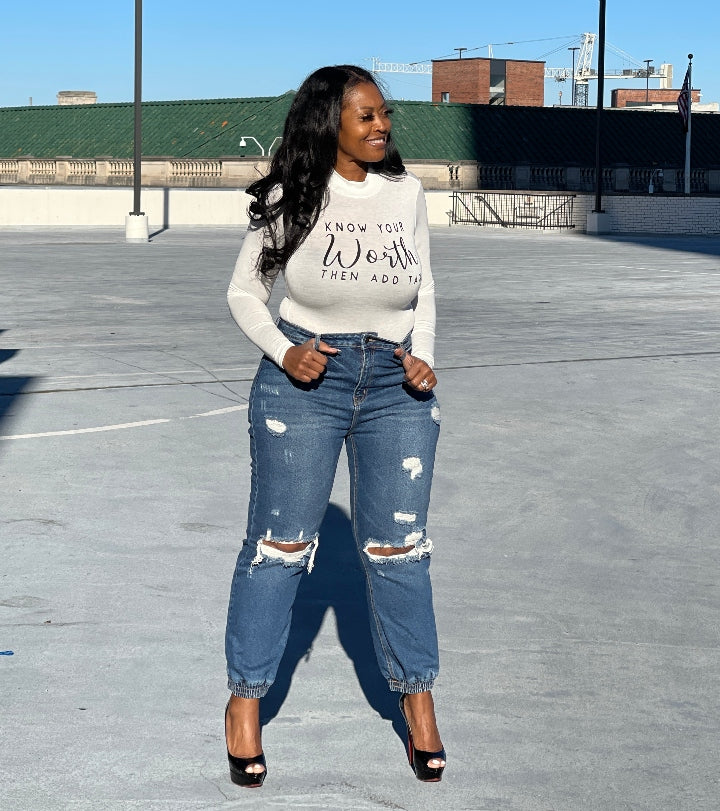 RESTOCKED Know your Worth Long Sleeve Bodysuit - Ivory